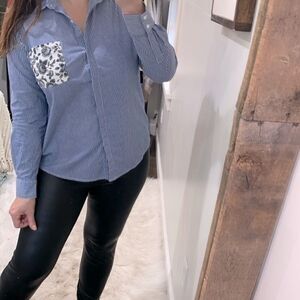 THAKOON blue striped and floral size large button down shirt